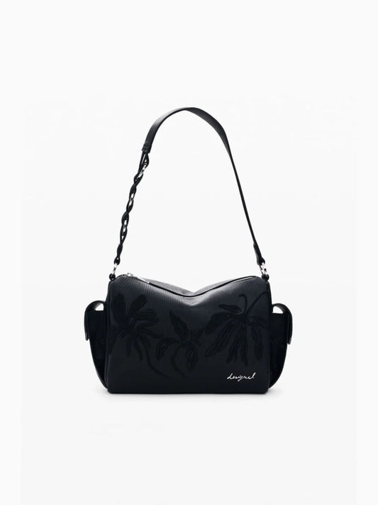 Desigual borsa a mano con tracolla mirenis habana in ecopelle nera ricamata