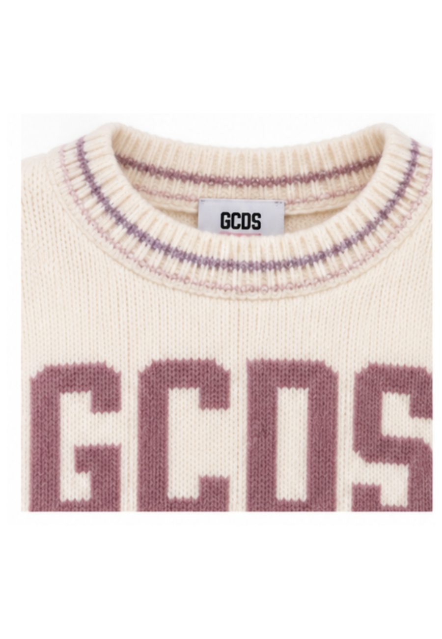 GCDS Maglia Bianca in Lana Bambina con Maxi Logo Rosa AI26C2GJQF586K347