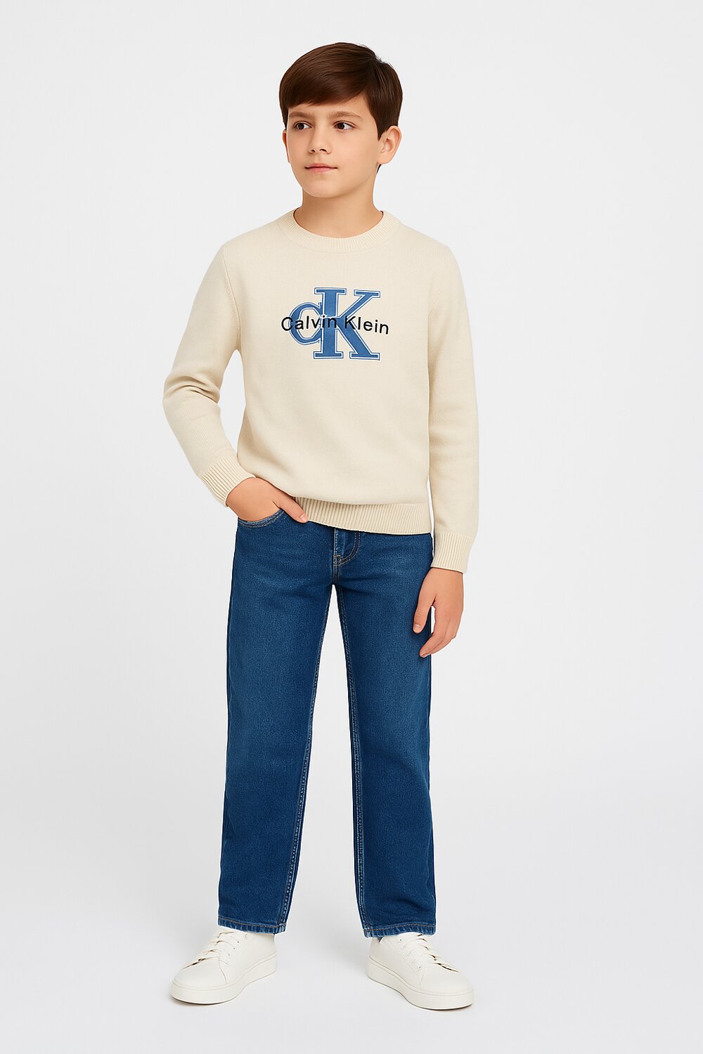 Calvin Klein Maglione Bambino Stitch Logo - Bianco Panna