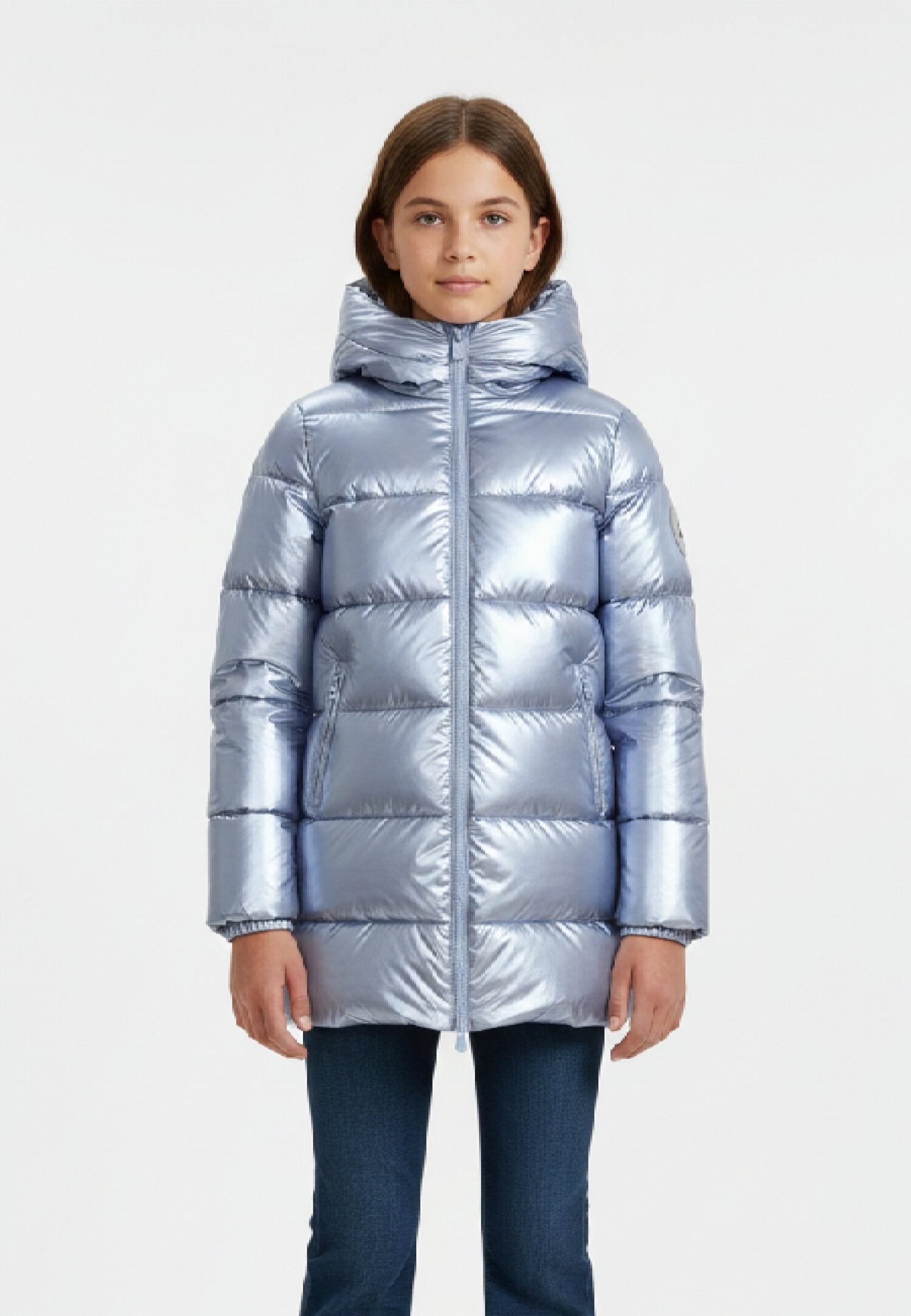 Save The Duck Giubbotto Celeste Bambina In Nylon Con Cappuccio Elegante AI25