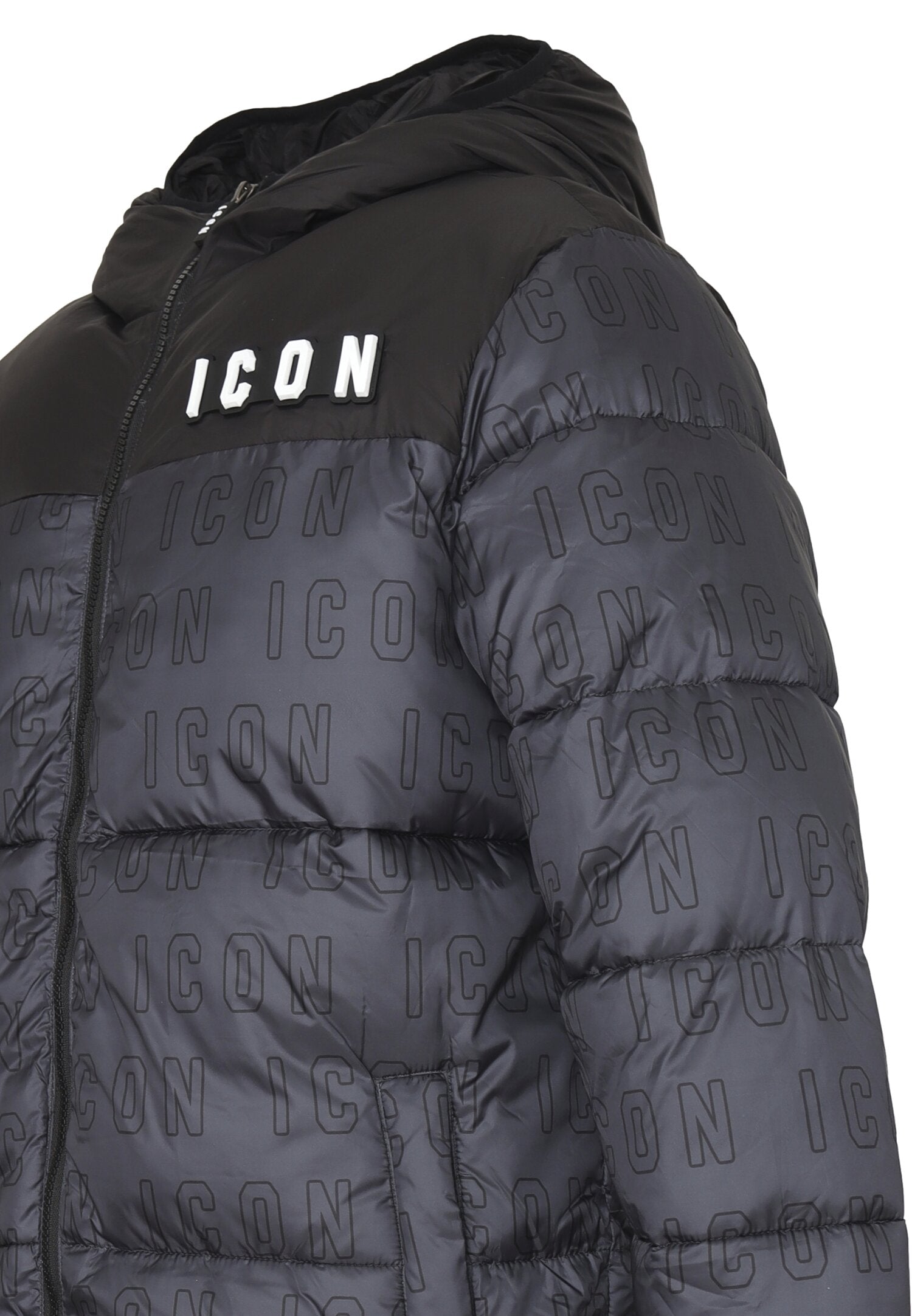 Icon Giubbotto Nero Bambino multo logo In Nylon Con Cappuccio Sportivo AI25