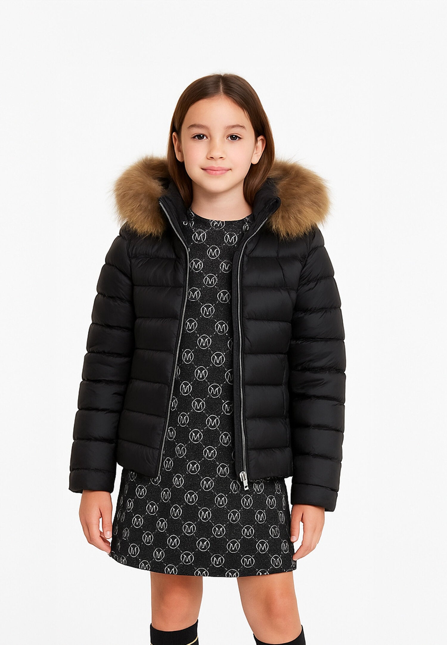 Canadiens Giubbotto Nero Bambina In Nylon Con Pelliccia Tipo Elegante AI25
