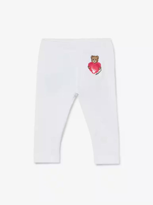 Moschino leggings infant in cotone bianco con logo teddy cuore Bambina