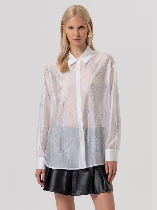Fracomina camicia in organza di tencel panna con ricami