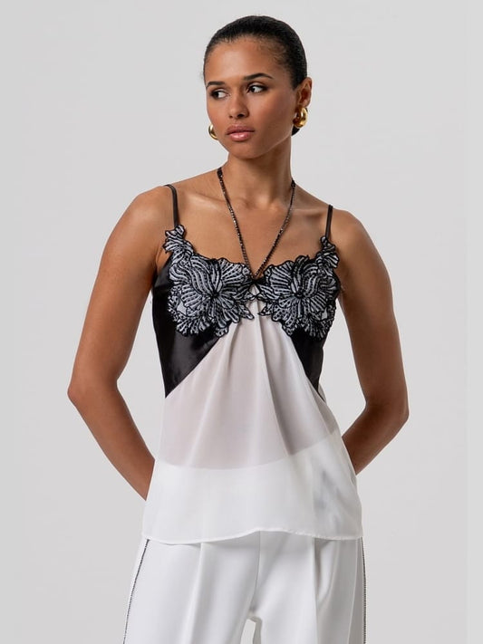 Fracomina top con patch fiori e strass bianco nero