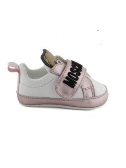 Moschino sneakers culla in pelle bianca e rosa con logo e teddy Bambina