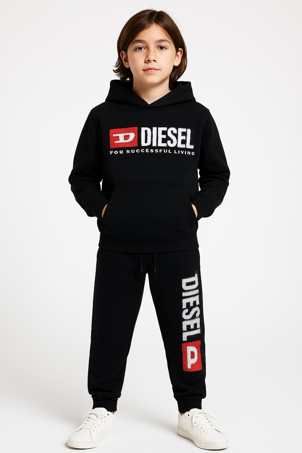 Diesel pantaloni sportivi bambino ragazzo neri cotone logo laterale