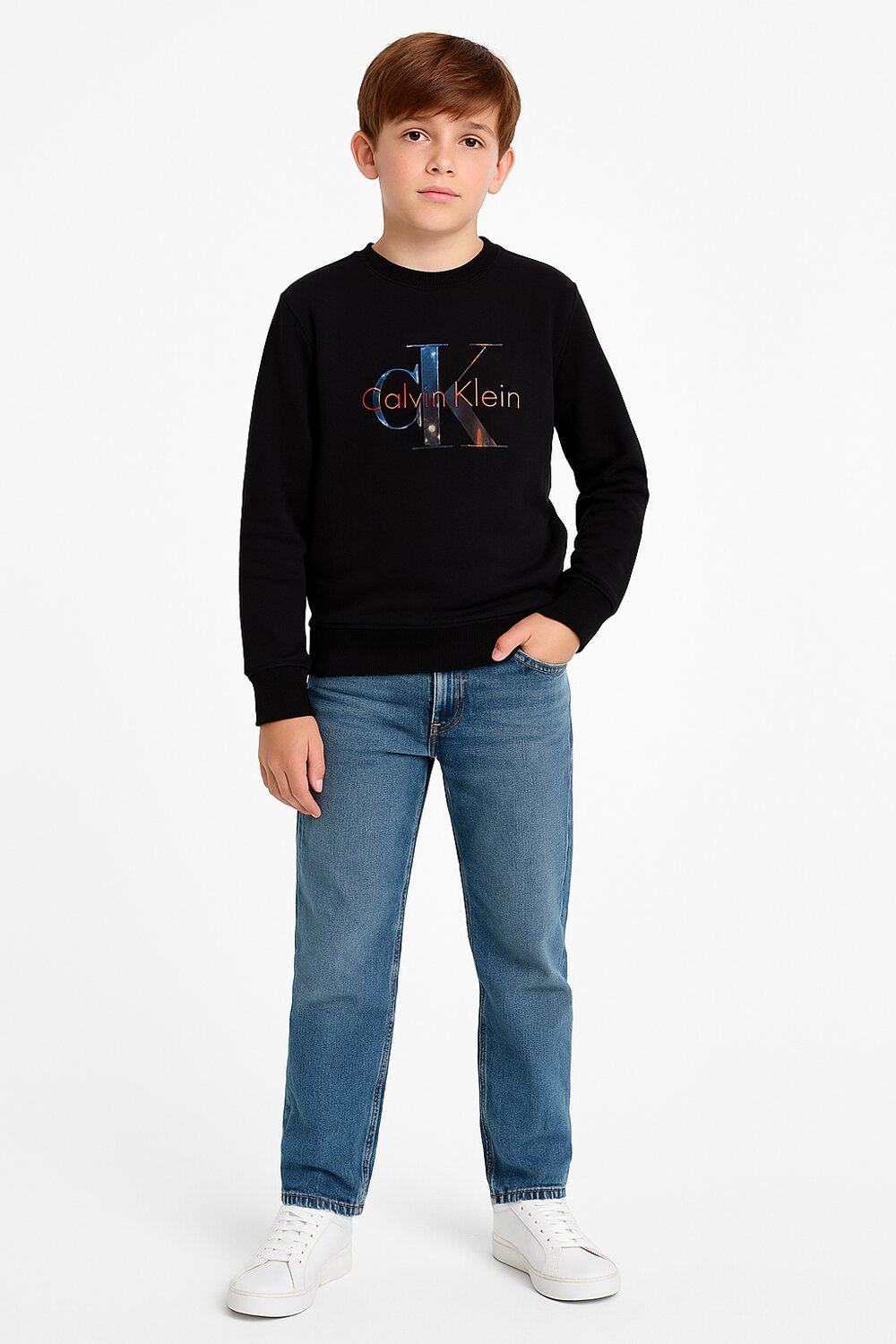 Calvin Klein Felpa Nero Bambino In Cotone Girocollo Sportivo AI25