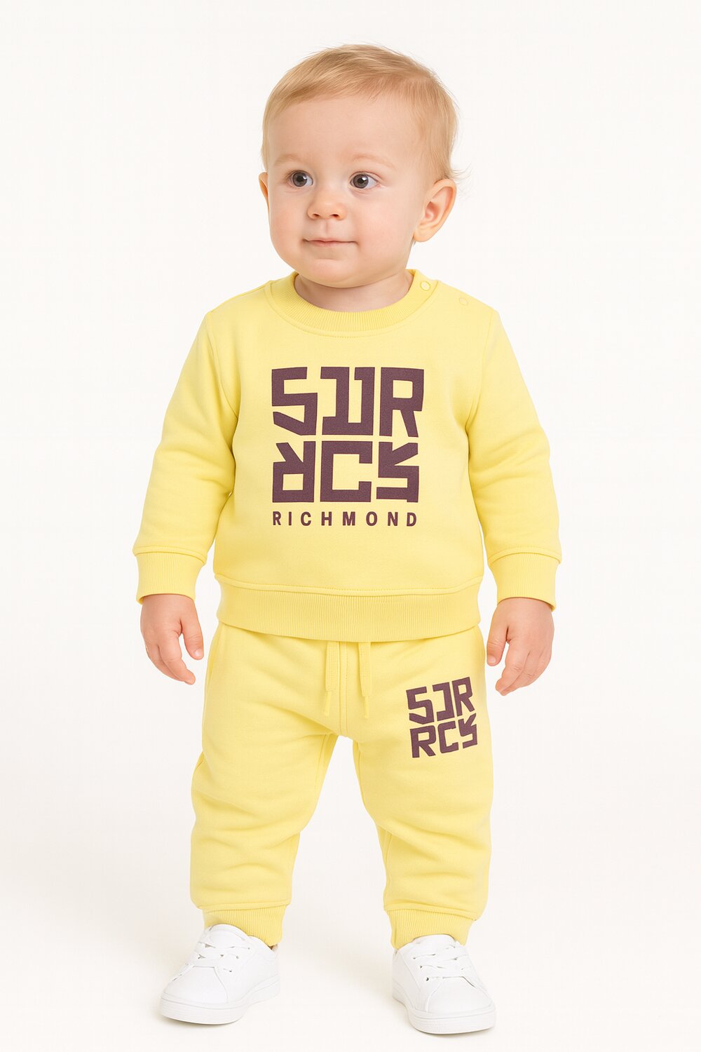 John Richmond completo neonato giallo con stampa bordeaux 100% cotone
