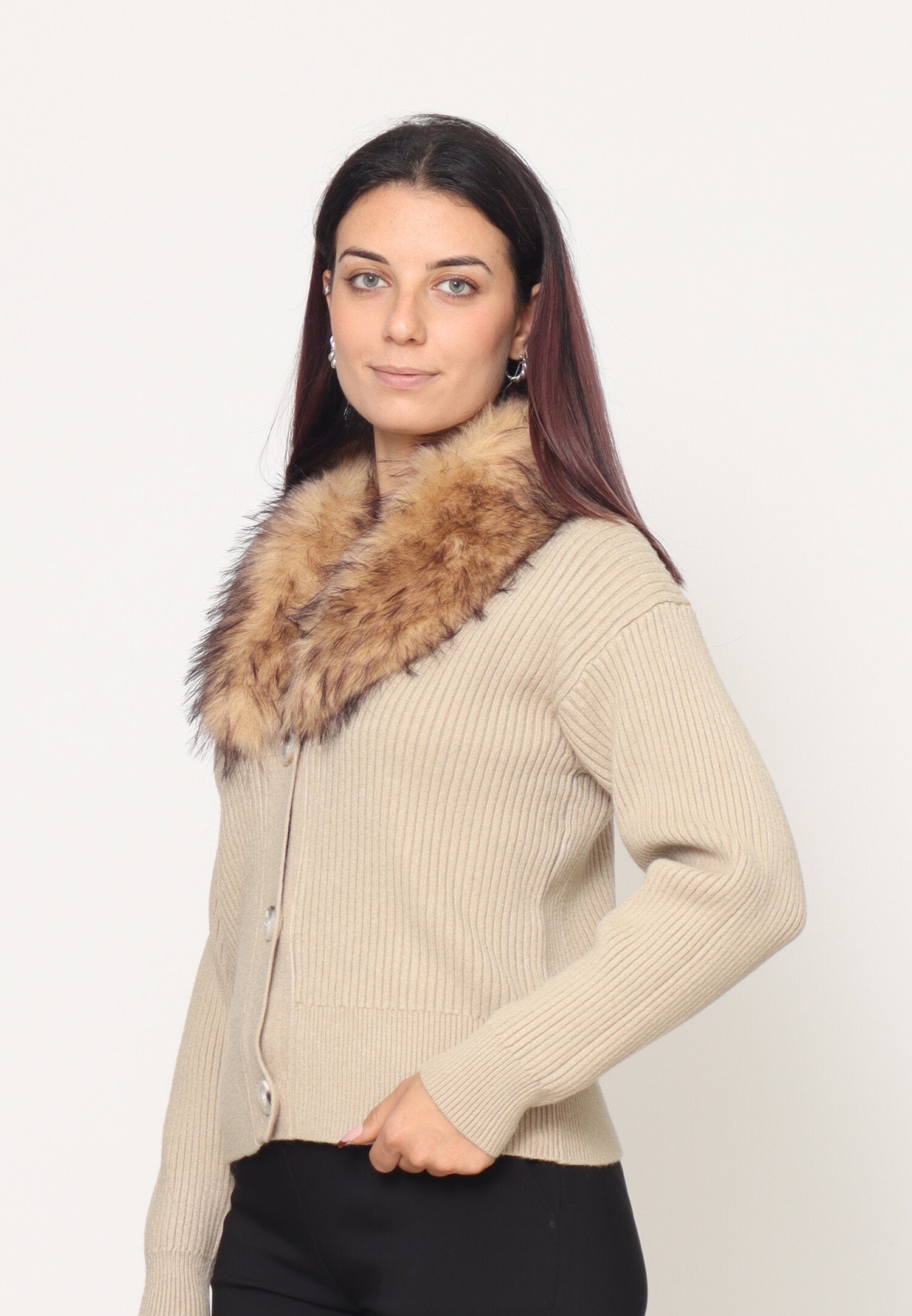 Monte Cervino Cardigan Sabbbia Donna Con Pelliccia Elegante AI25