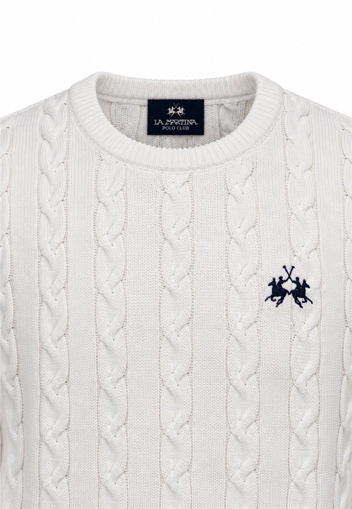 LA MARTINA maglia a treccia bianca logo ricamo a girocollo Bambini e ragazzi mab0101.bianco_