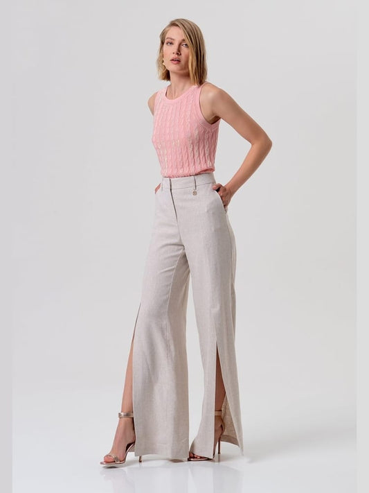 Fracomina pantalone flare a palazzo in cotone e lino beige chiaro