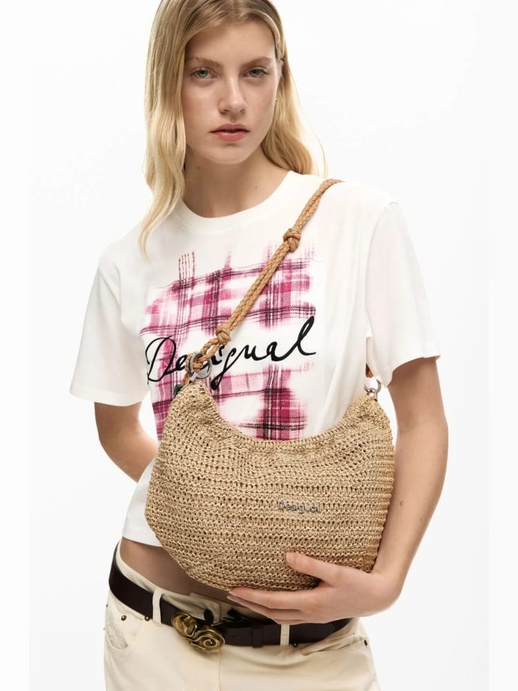 Desigual borsa in raffia waverly beige chiaro