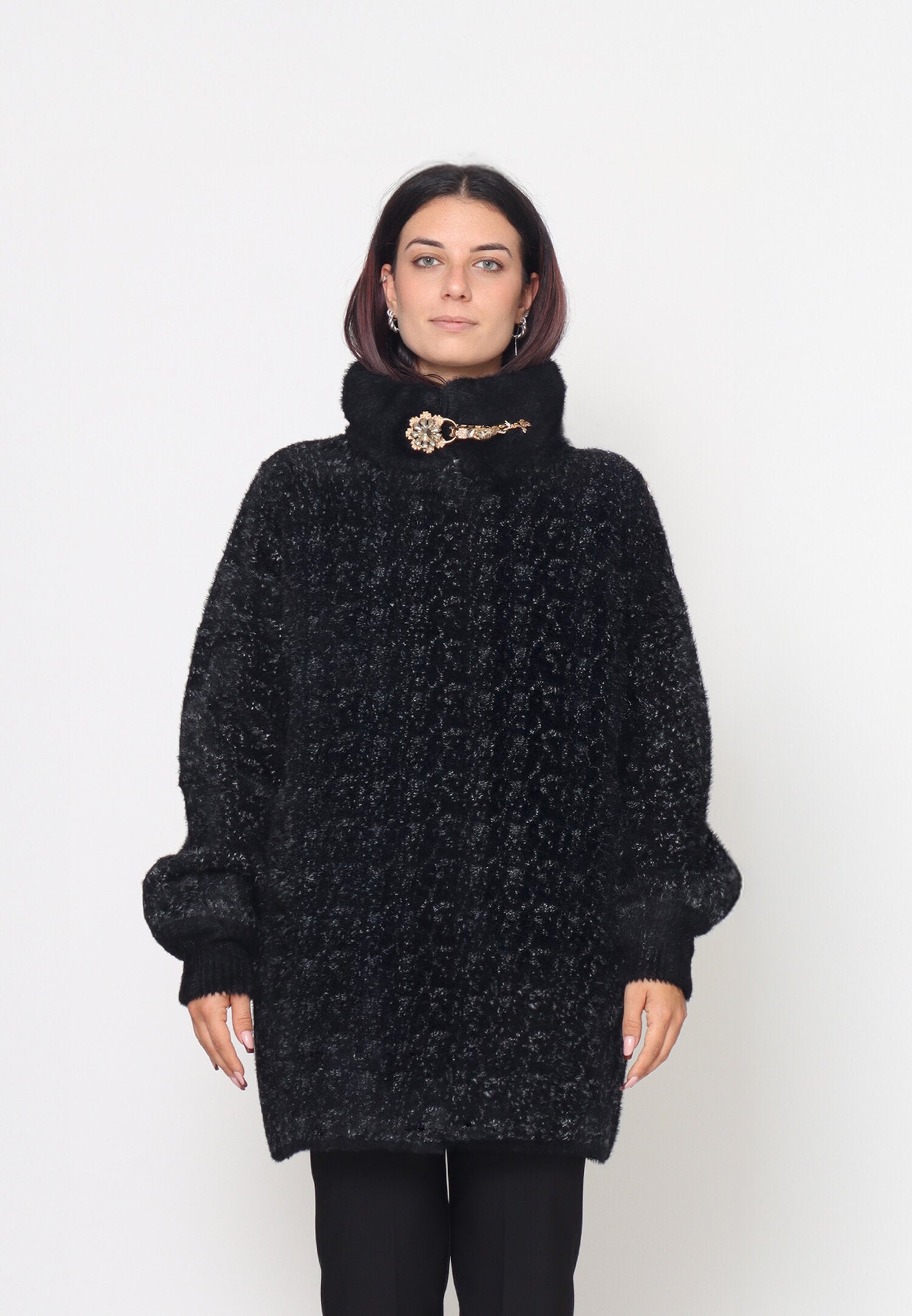 Monte Cervino Cappotto Lungo Nero Donna Tessuto Maniche Lunghe Elegante AI25