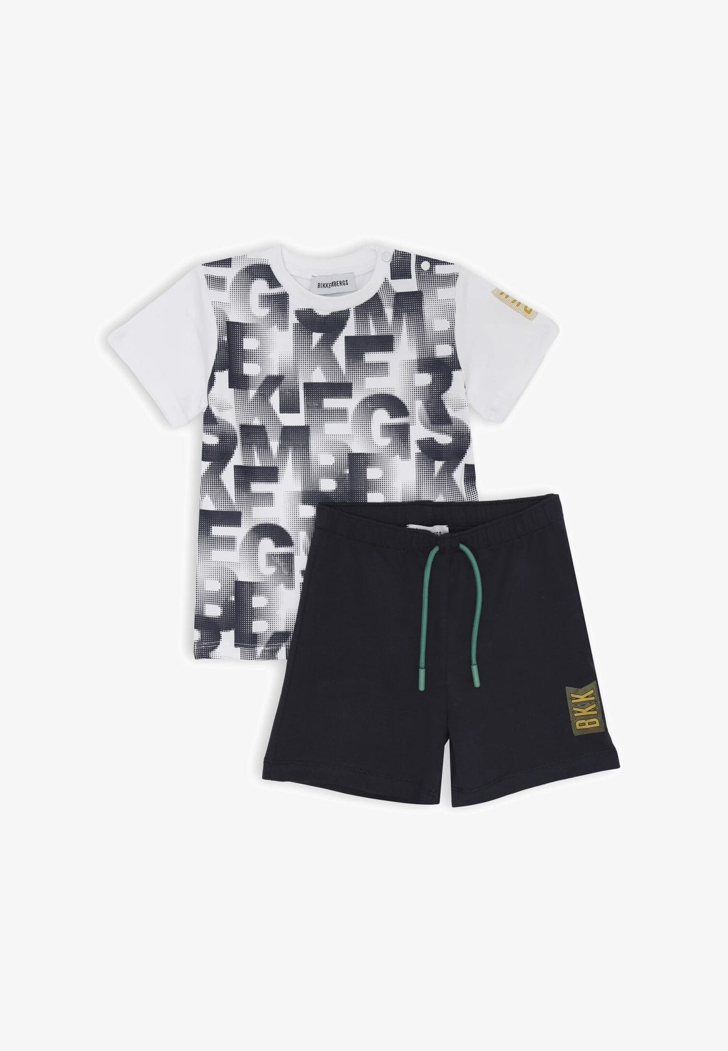 Bikkembergs set children off white t-shirt allover print and blue summer shorts | CammarataMode