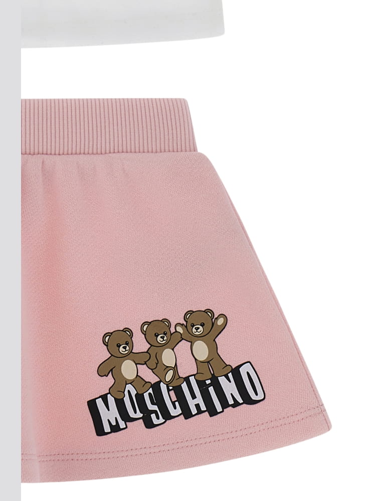 Moschino set infant t-shirt e gonna bianco e rosa con stampa teddy Bambina
