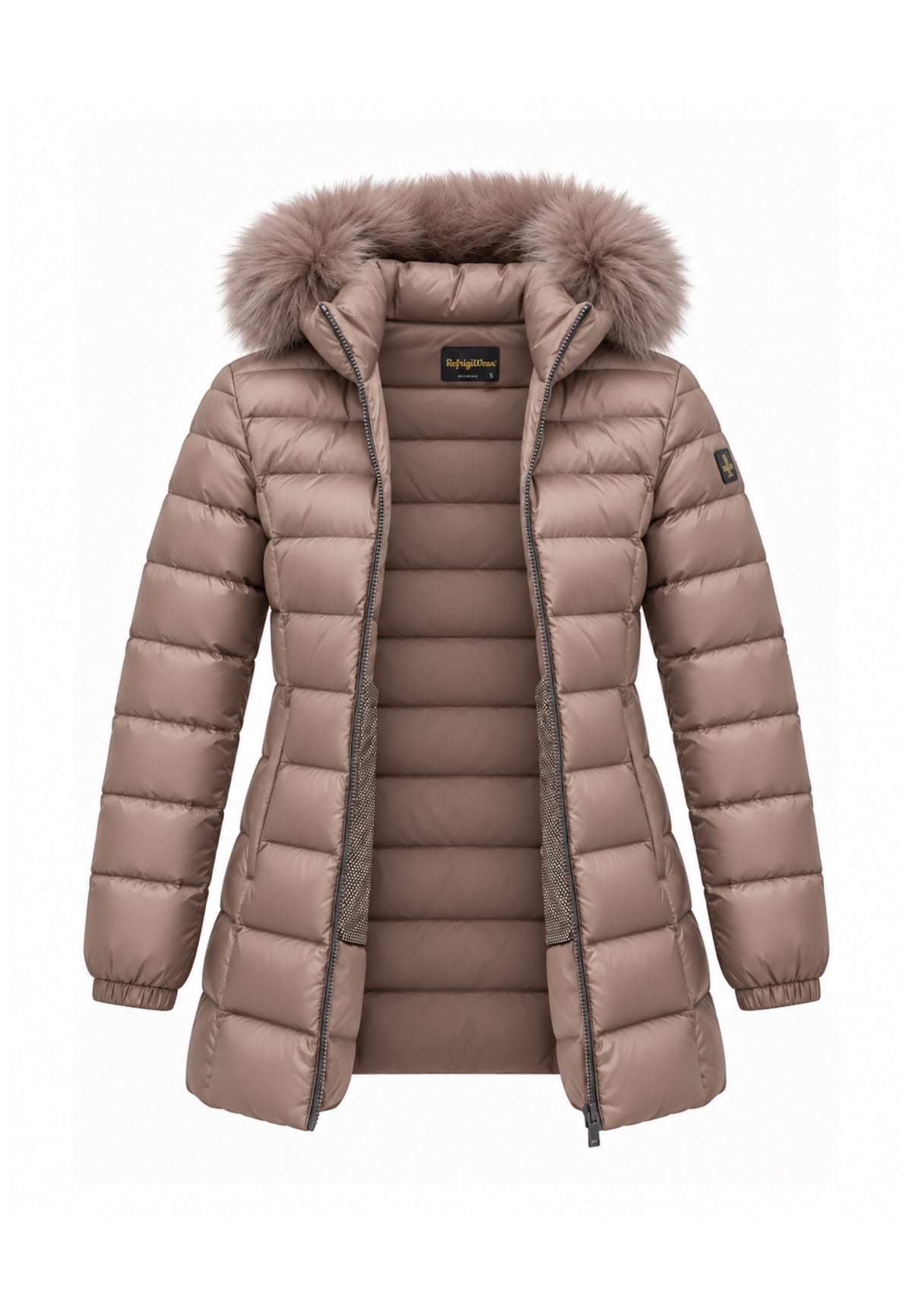REFRIGIWEAR GIUBBOTTO TORTORA TRAPUNTATO CON CAPPUCCIO E PELLICCIA Donna LONG MEAD FUR JACKET.TORT_