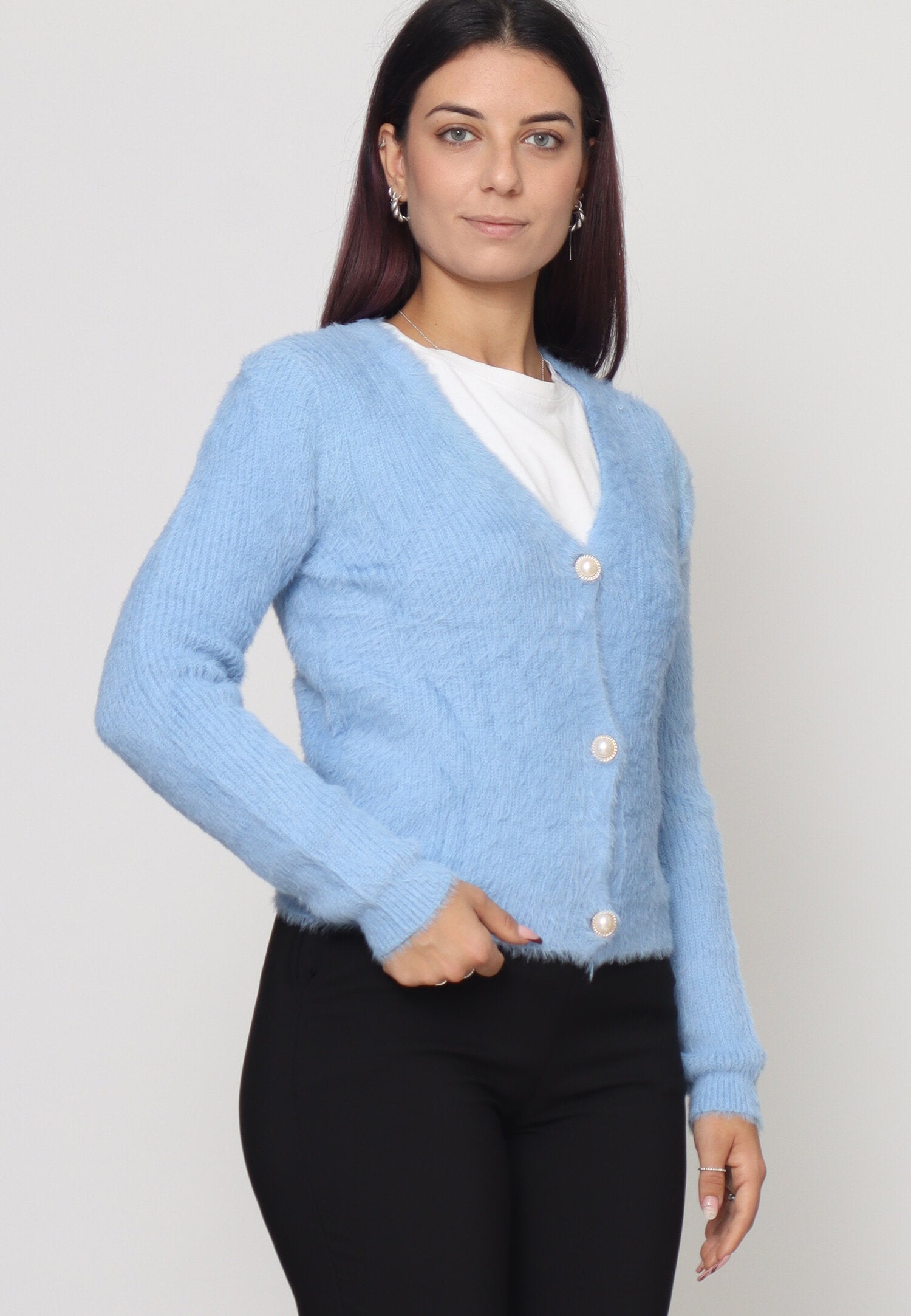 Monte Cervino Cardigan Lana Celeste Donna In Lana Con Bottoni Elegante AI25