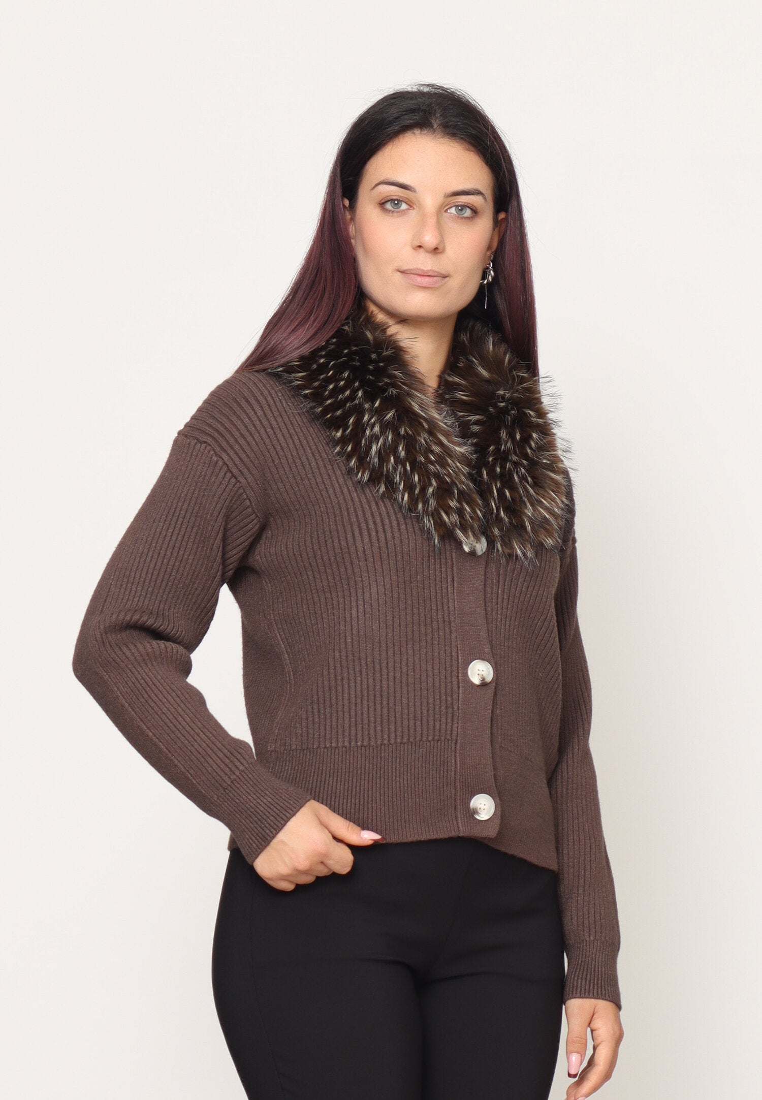 Monte Cervino Cardigan Marrone Donna Con Pelliccia Elegante AI25