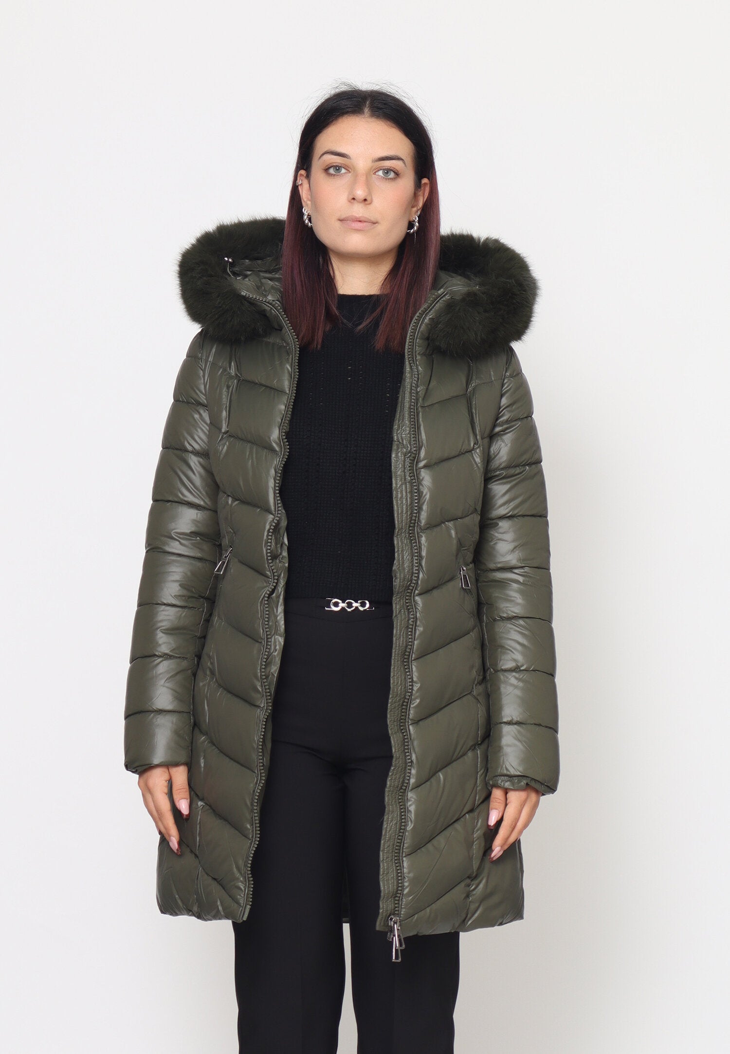 Monte Cervino Giubbotto Verde Donna In Nylon Con Pelliccia Invernale AI25