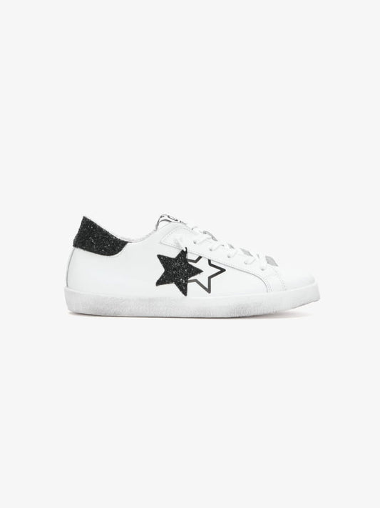 2star sneakers donna low pelle in bianca e dettagli glitter nero