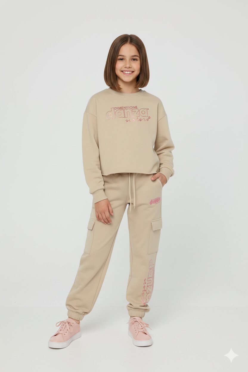 Dimensione Danza Tuta Beige Bambina Cargo In Cotone Con Cappuccio Scuola AI25