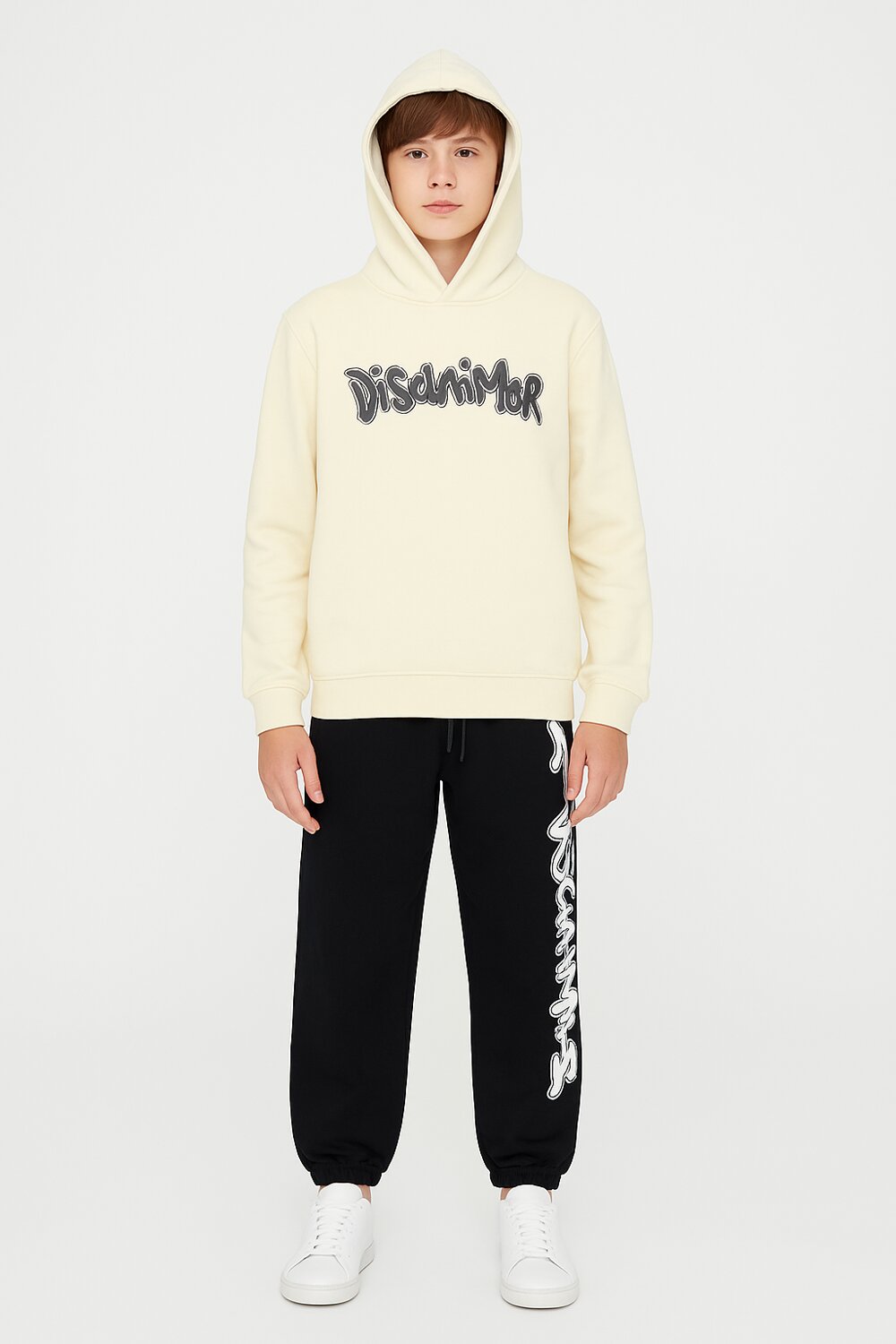 Disclaimer felpa con cappuccio bambino panna cotone inverno logo nero