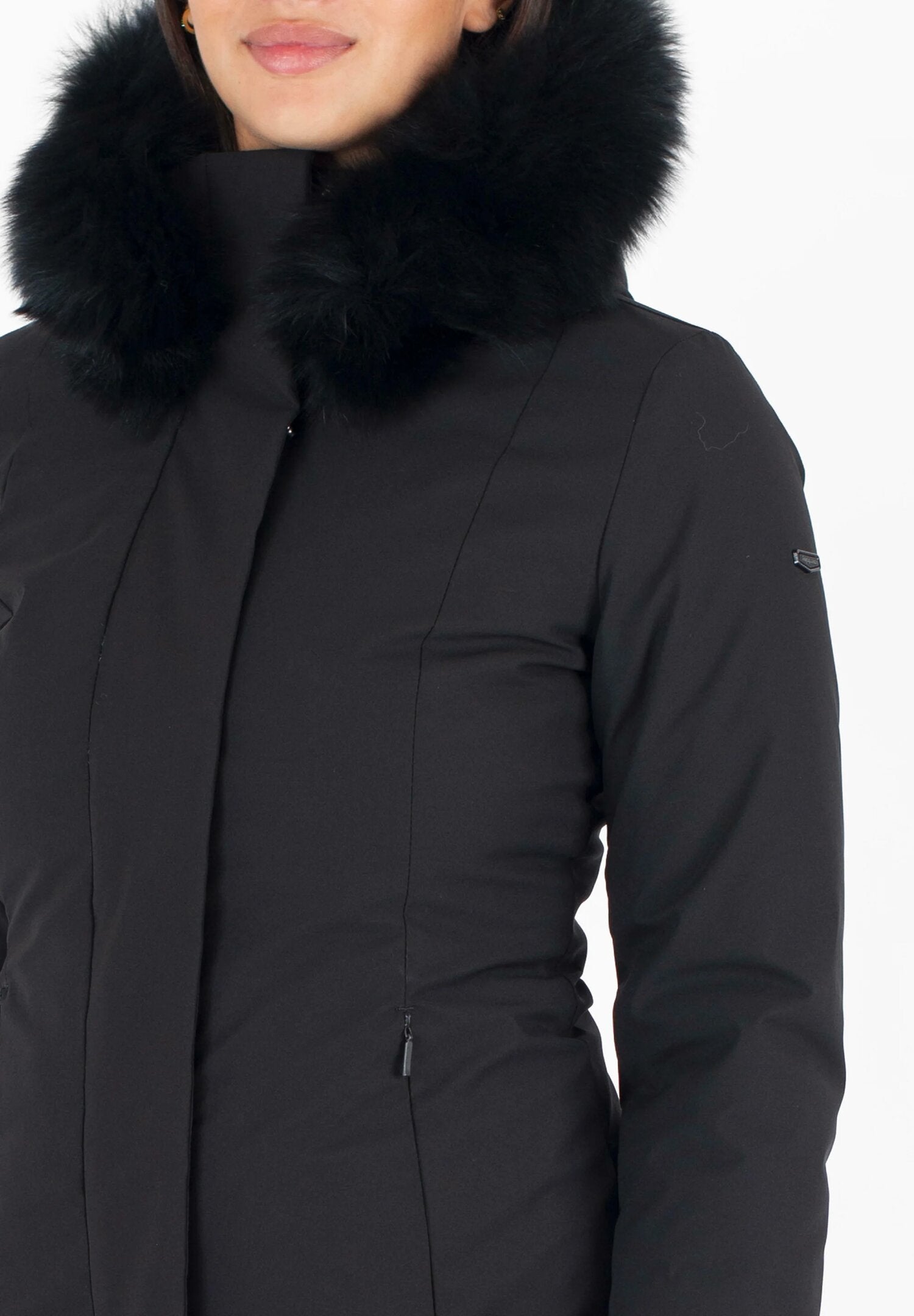 Refrigiwear cappotto donna nero invernale slim con cappuccio e pelliccia | CammarataMode