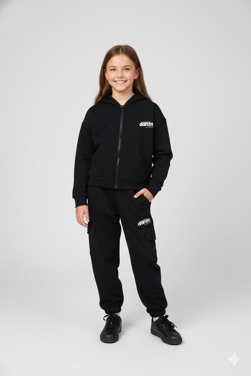 Dimensione Danza Tuta Nero Bambina Cargo In Cotone Con Cappuccio Sport AI25