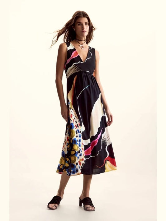 Desigual abito midi japan opart disegnato da christian lacroix nero a fantasia astratta