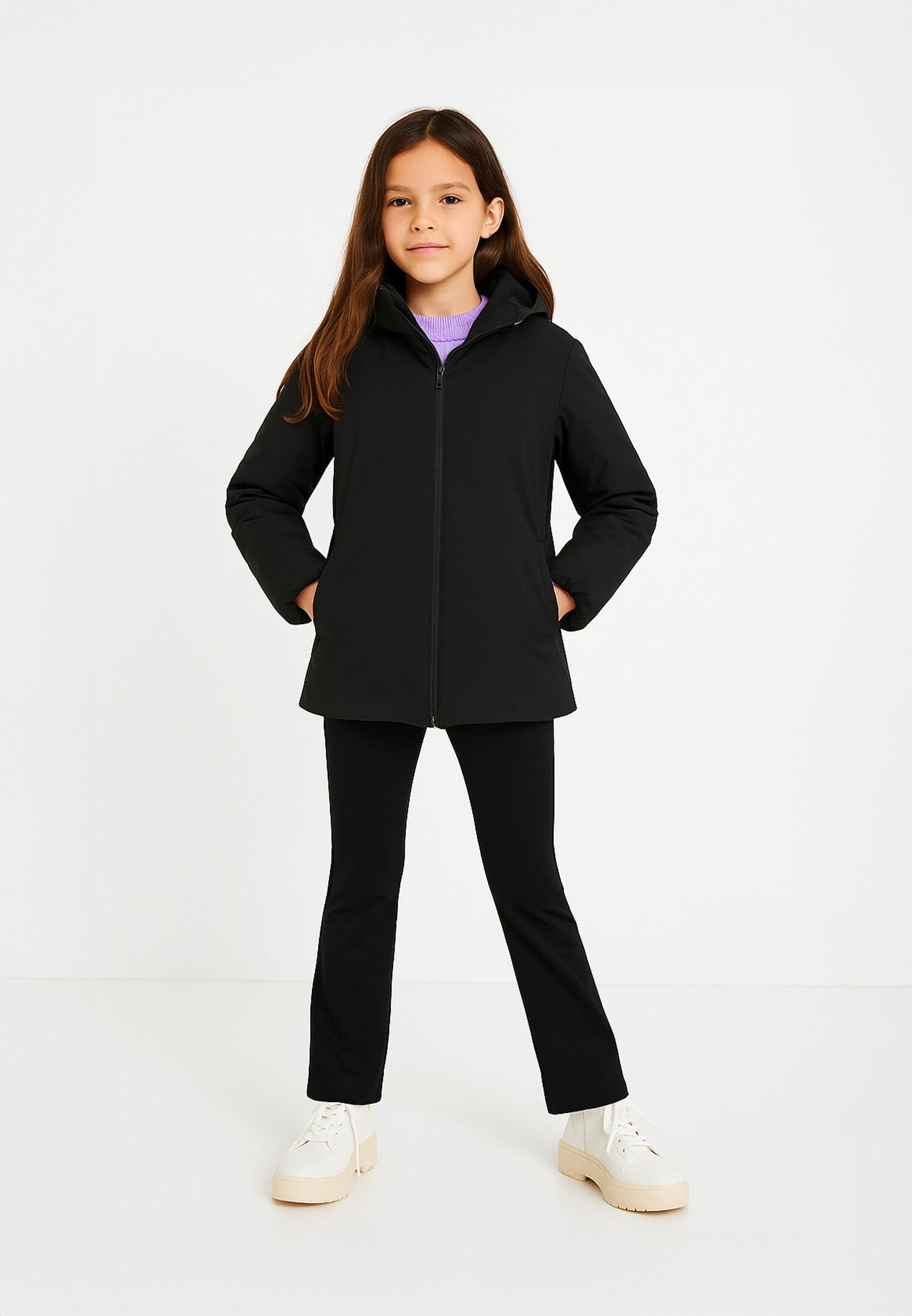 Canadiens Giubbotto Nero Bambina In Tessuto Con Cappuccio Elegante AI25