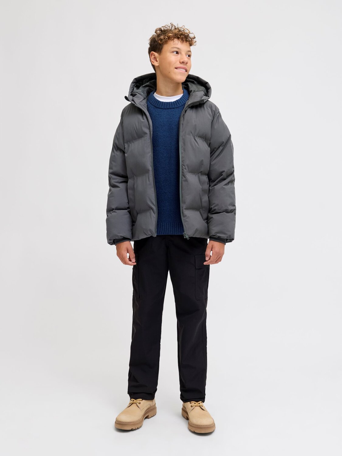 Jack & Jones Junior Giubbotto Grigio Bambino In Nylon Con Cappuccio Invernale