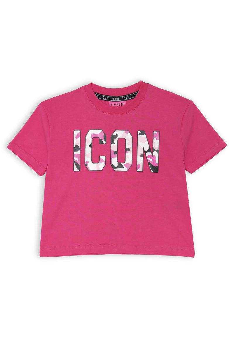 T-shirt rosa ICON stampa camouflage ragazza cotone estate 2025 - FUXIA | CammarataMode