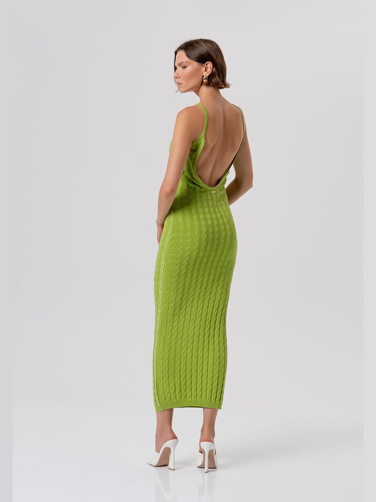Fracomina abito slim midi in maglia con punto treccia verde acido