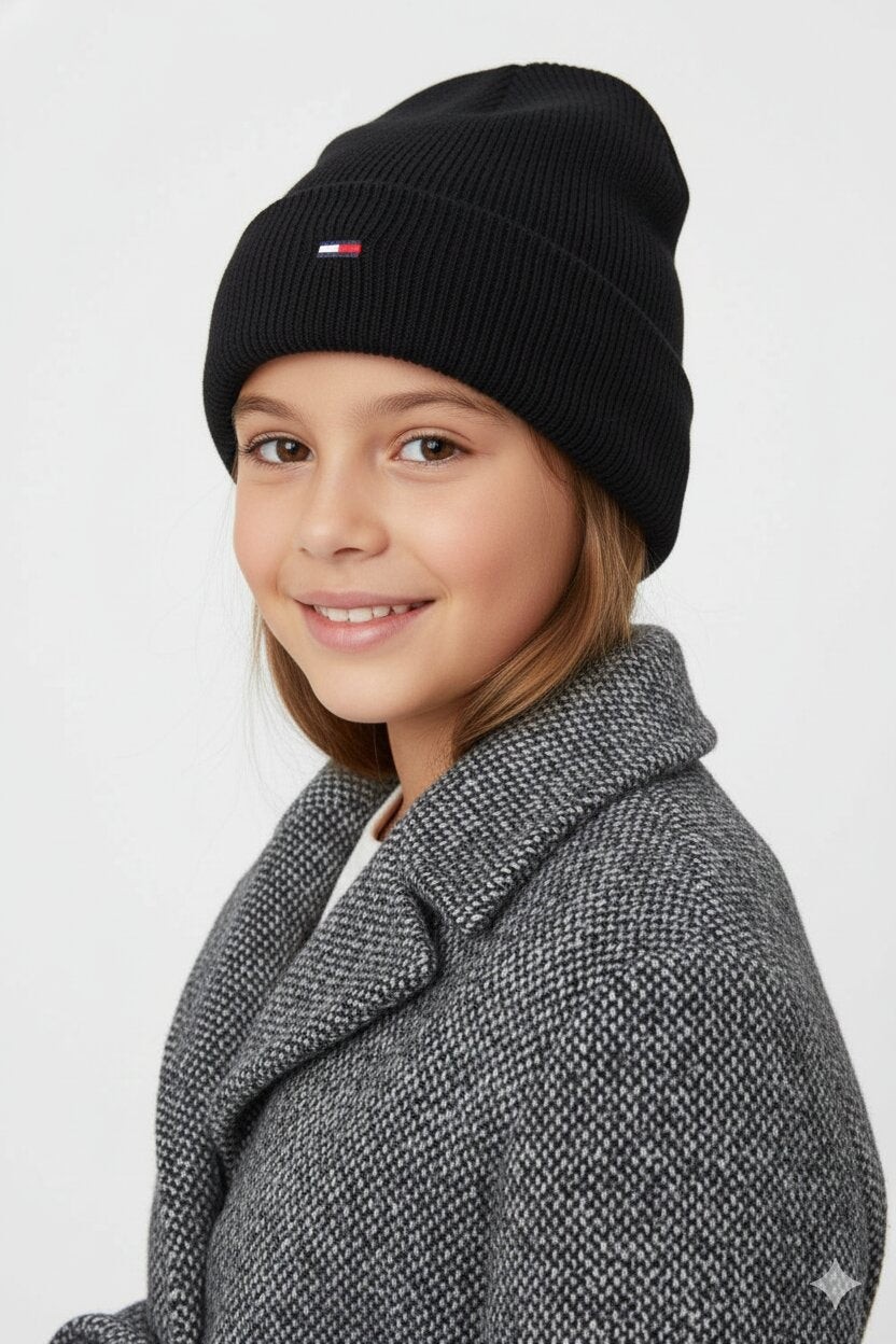 Tommy Hilfiger Cappello Nero Bambina In Cotone Cuffia Quotidiano AI25