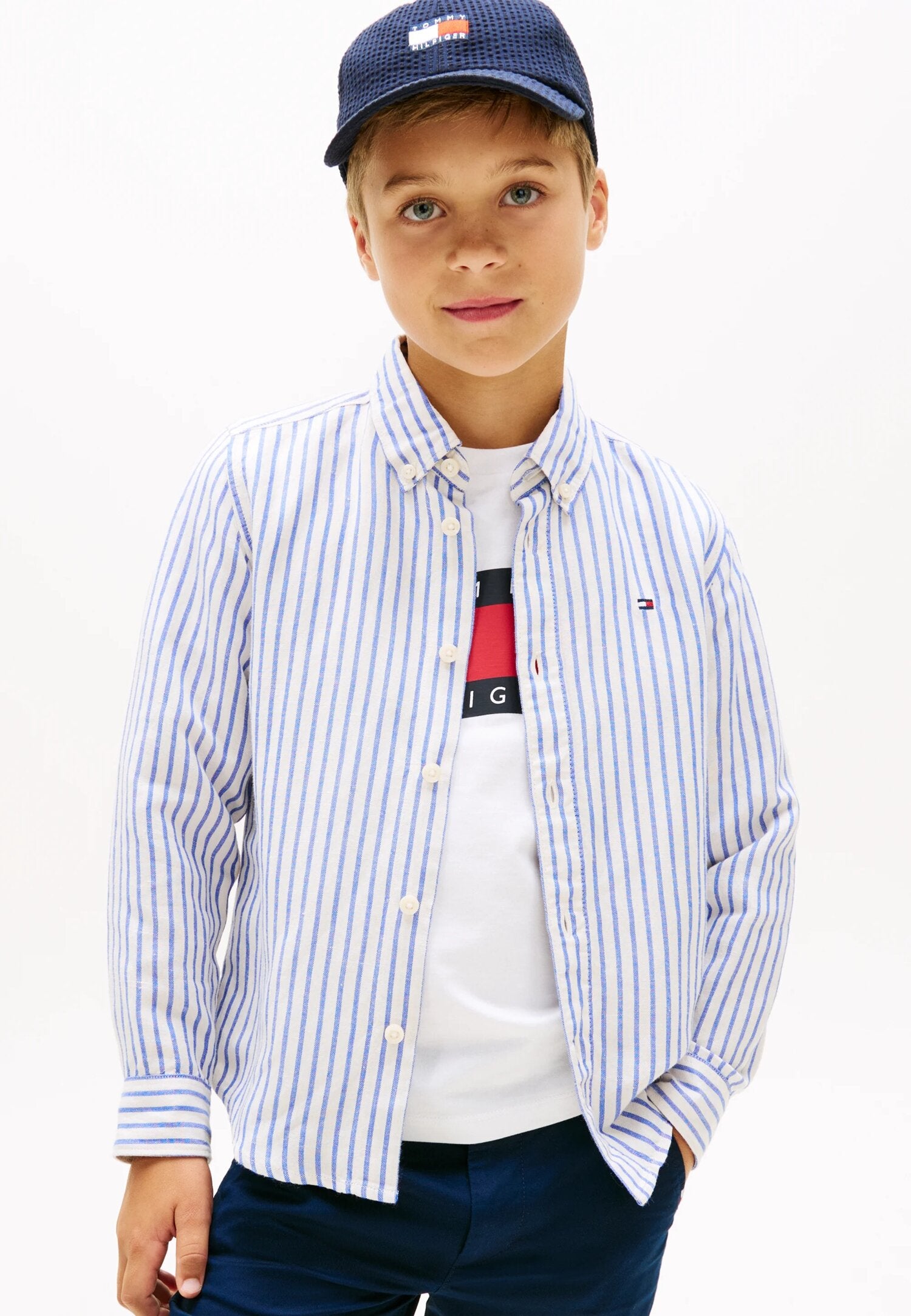 Tommy Hilfiger Camicia Rigata Bianca e Celeste Bambino KB0KB09630C6H_