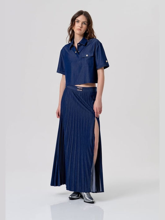 Fracomina gonna flare lunga plissettata in denim blu