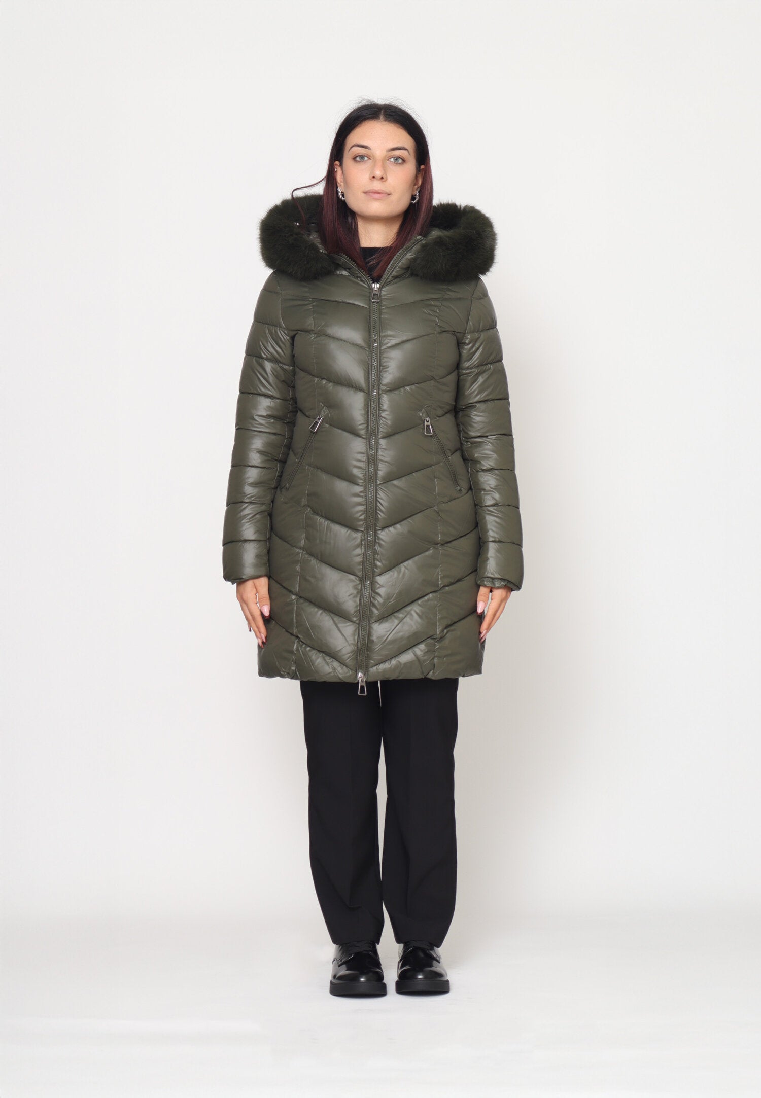 Monte Cervino Giubbotto Verde Donna In Nylon Con Pelliccia Invernale AI25