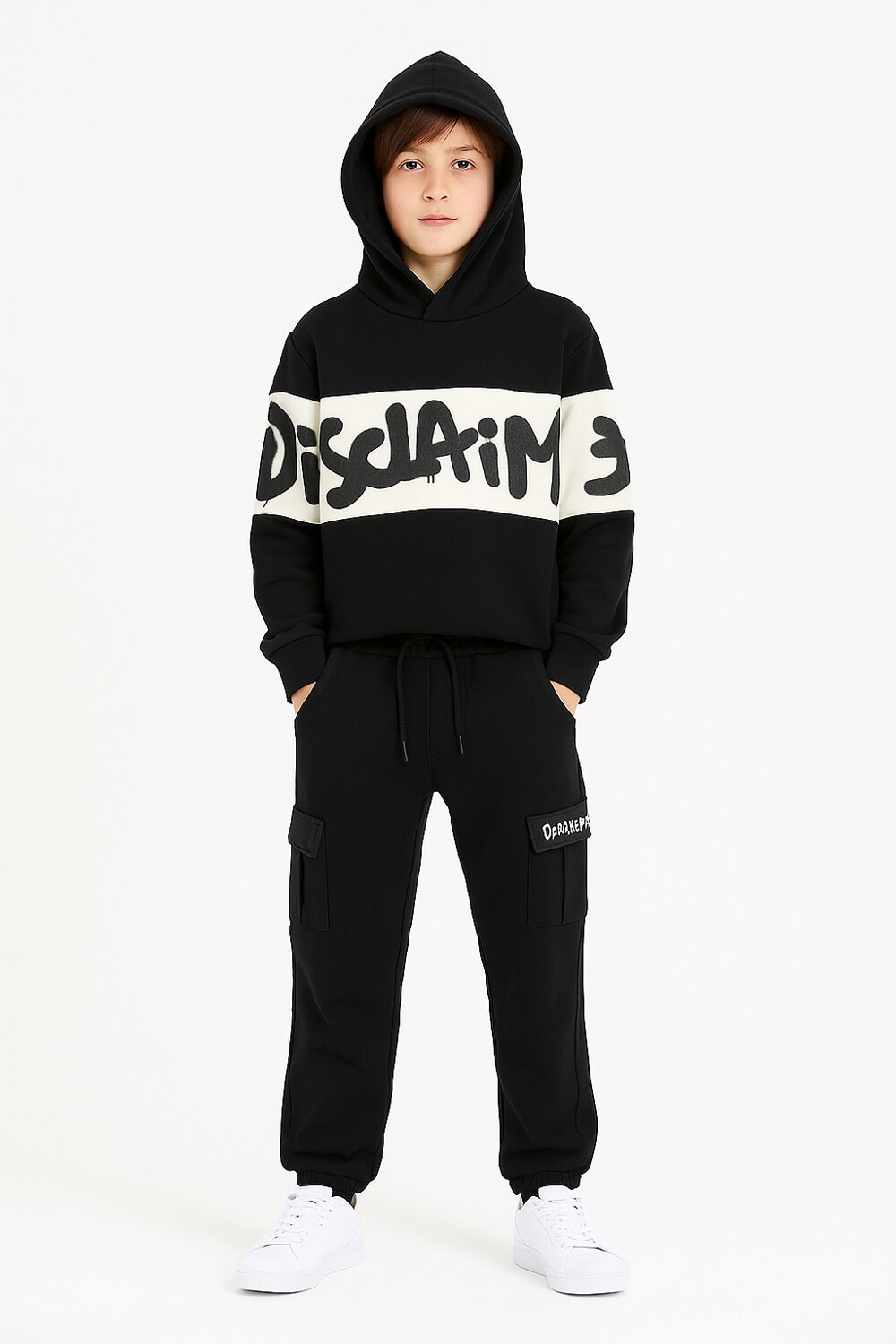 Disclaimer pantaloni cargo bambino neri cotone inverno tasche laterali