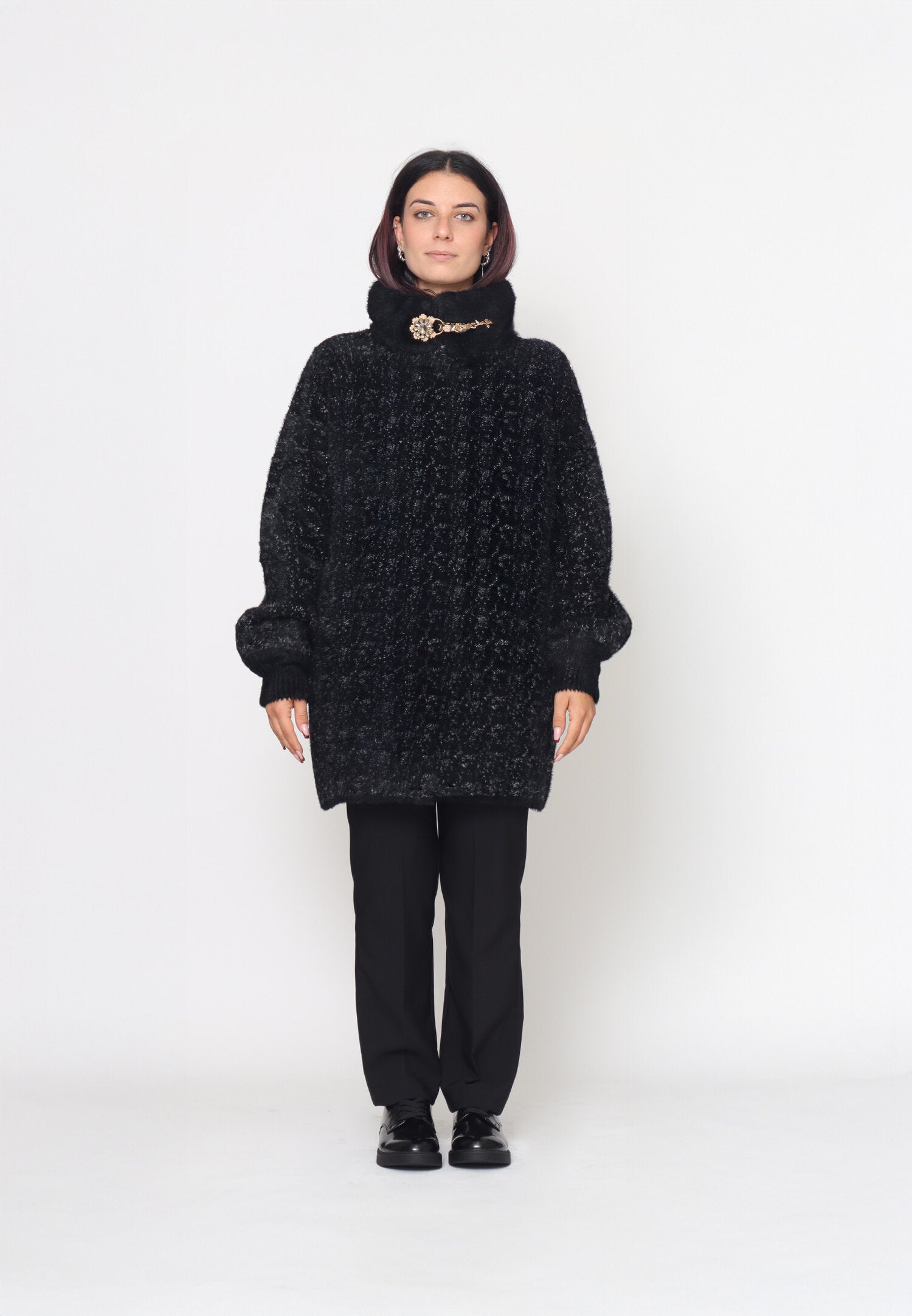 Monte Cervino Cappotto Lungo Nero Donna Tessuto Maniche Lunghe Elegante AI25