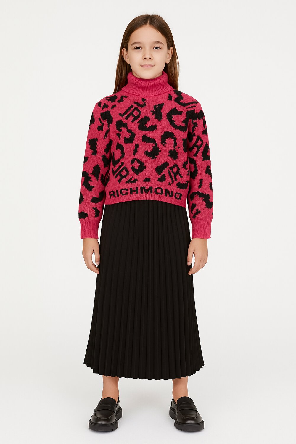 John Richmond Maglione Bambina Rosa Animalier – Lana e Alpaca con Logo JR