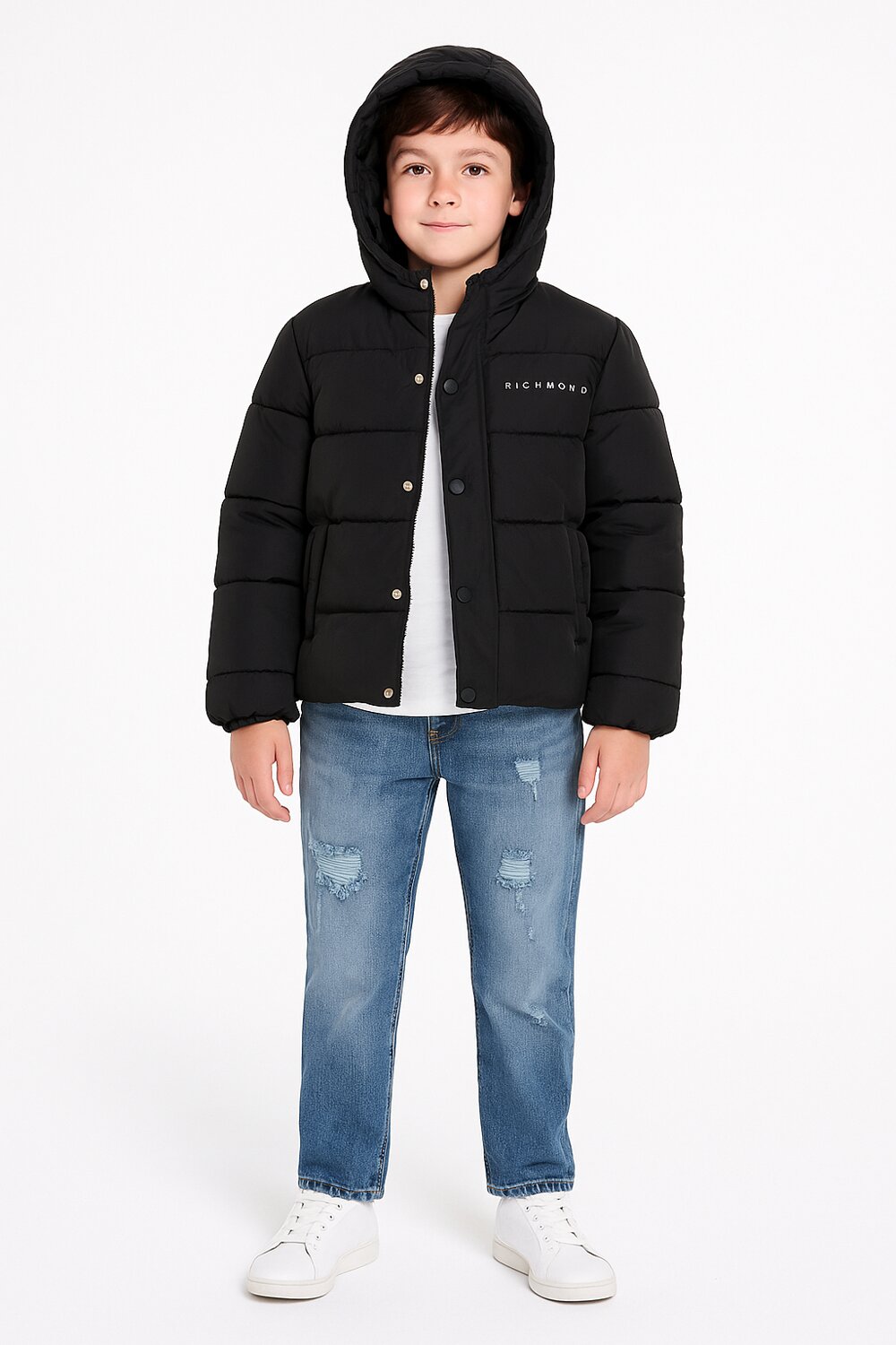 John Richmond Giubbotto Bomber Nero Bambino In Poliestere Con Cappuccio Scuola