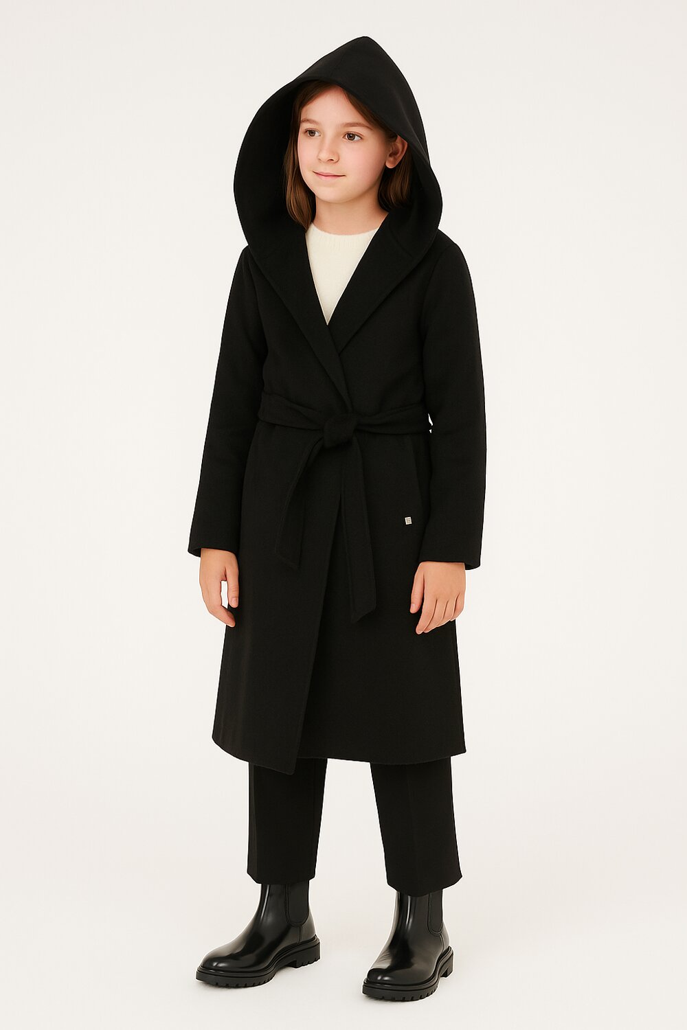 Kocca cappotto nero bambina e ragazza con cappuccio elegante