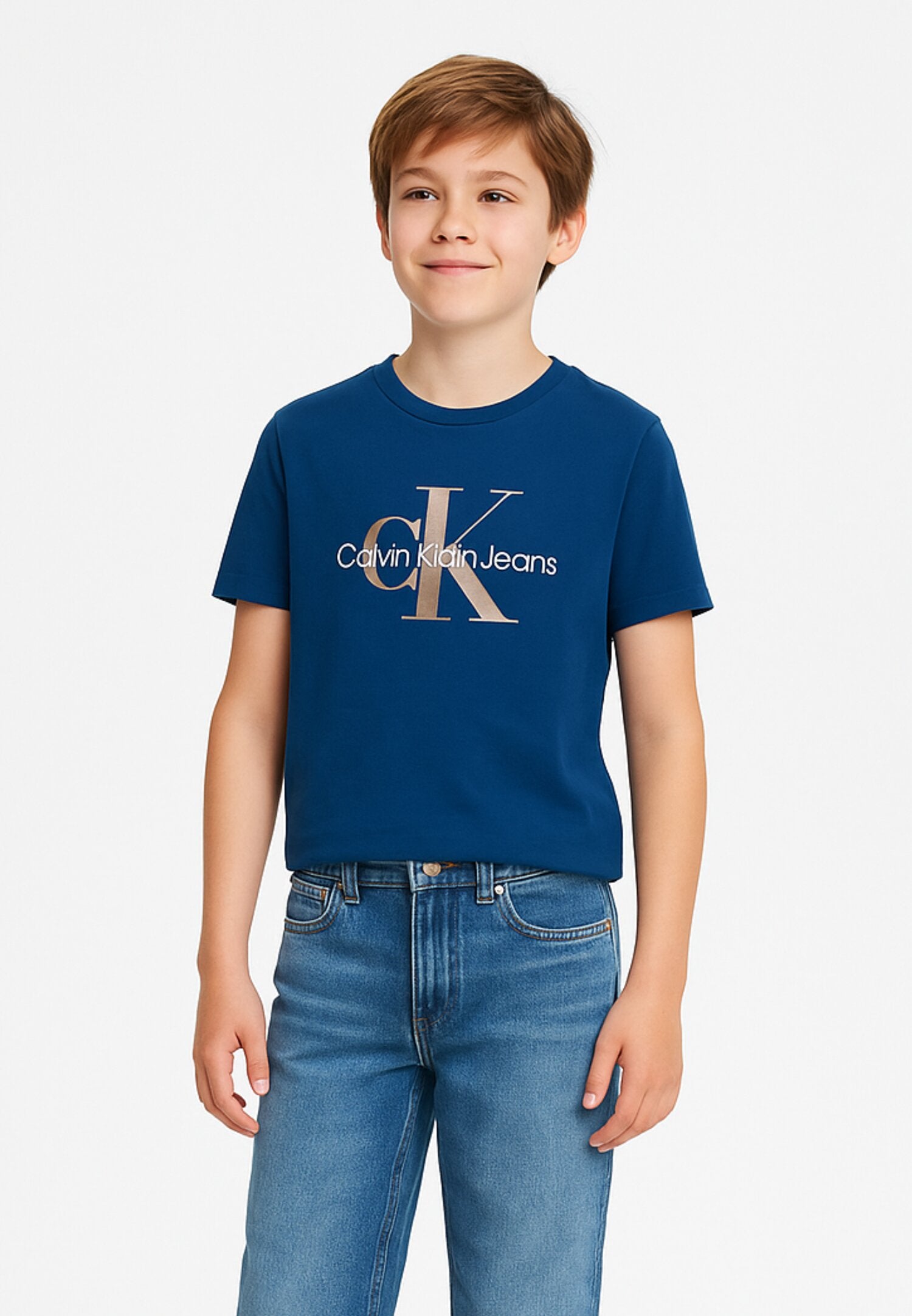 Calvin Klein t Shirt Blu Bambino In Cotone Girocollo Sportivo AI25