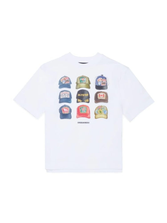 Dsquared t-shirt kids/junior in cotone bianco con stampa cappelli loose fit Bambino