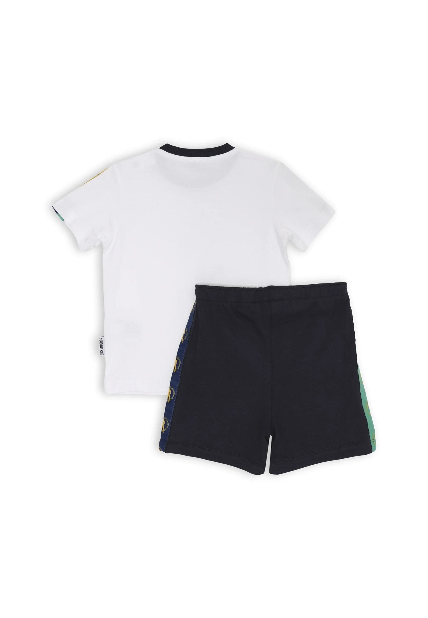 Bikkembergs set children off white t-shirt with stripes and blue patterned shorts | CammarataMode