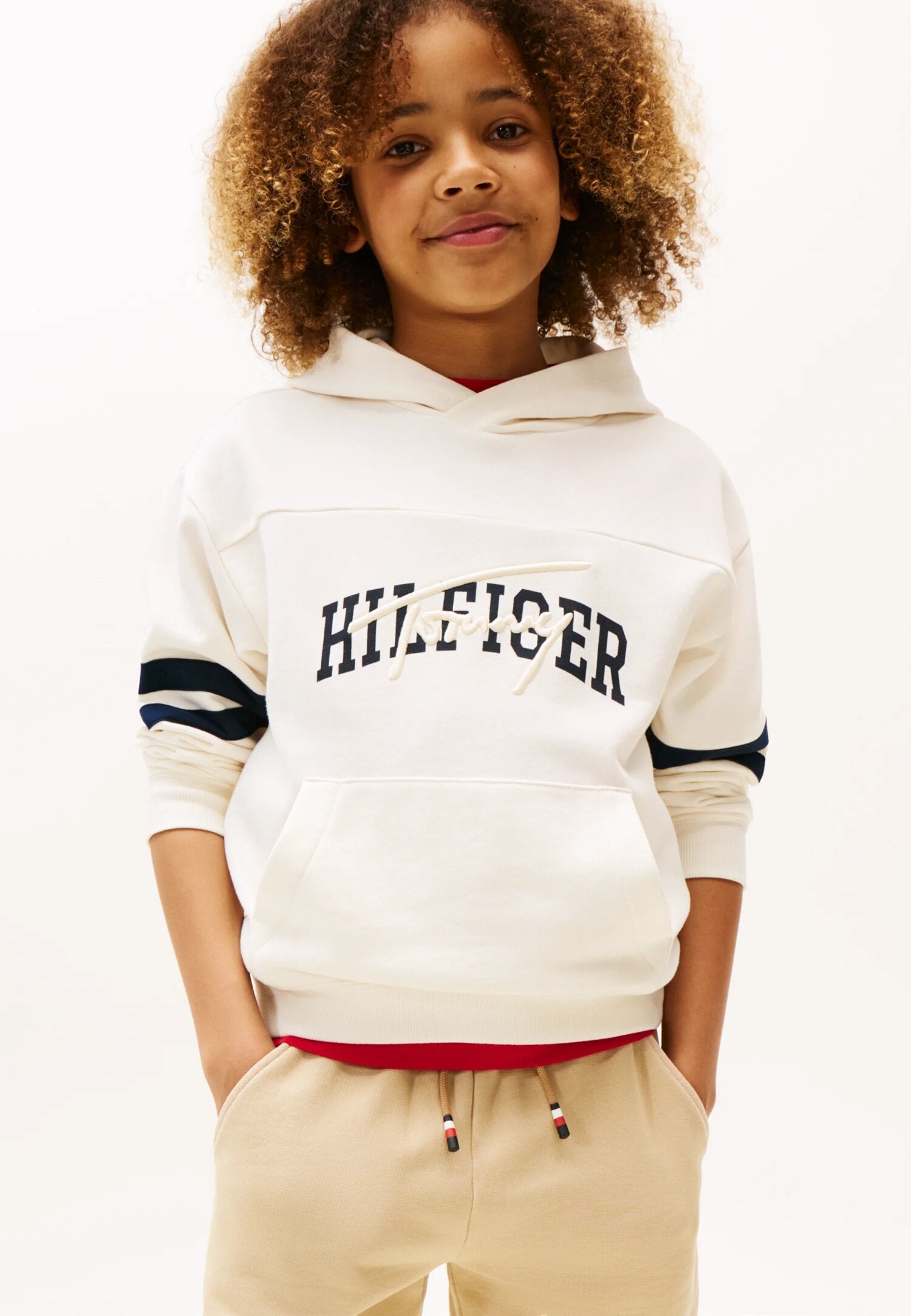TOMMY HILFIGER – Felpa con Cappuccio Bambino in Cotone con Logo Grafico e Bande