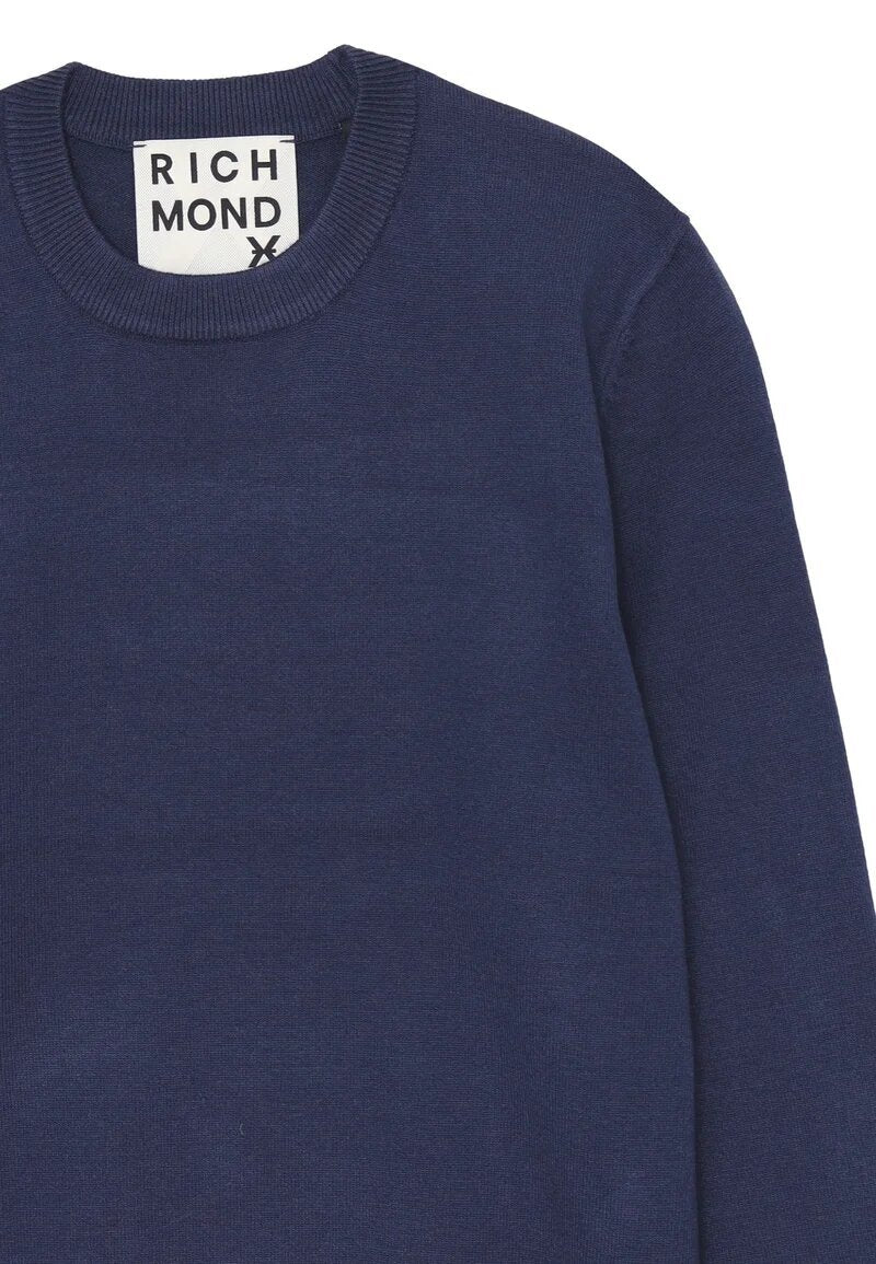 John Richmond maglia uomo lana blu collo tondo polsini logo