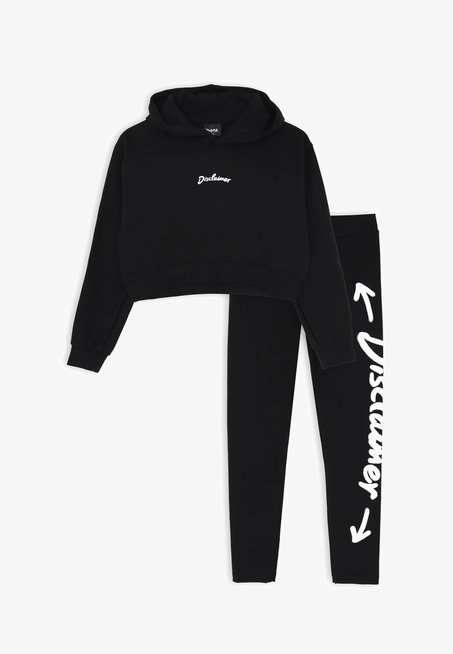 Completo bambina Disclaimer nero felpa crop e leggings primavera estate 25