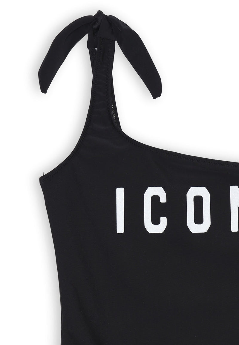 ICON one-shoulder black one-piece swimsuit for girls with side knot in nylon summer 25 - BLACK | CammarataMode